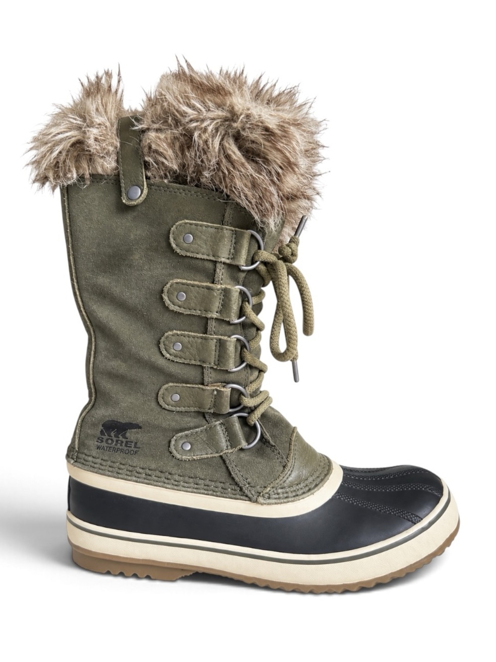 Sorel Joan Of Arctic Waterproof Snow Boots Faux Fur Olive Green Suede Size 7